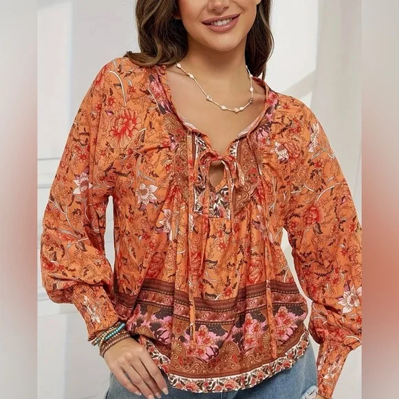 Boho Floral Print Lantern Sleeve Tie Front Blouse - Picture 1 of 11